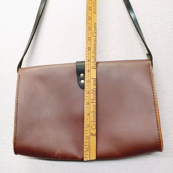 Brown Leather Box Purse Two Tone Black Strap Stiff Cowhide Crossbody Messenger - Picture 7 of 7